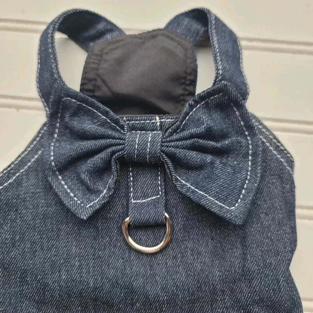 Set Of 2 Cute Bow Pet Dog Dress Harness Tulle Jean Blue Pink Bow Pink Sz M